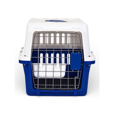 Переноска для животных, 49×31×31 см, с поддоном-решёткой и миской, пластик, белая, синяя