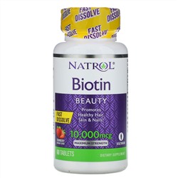 Natrol, Биотин, максимальная эффективность, клубника, 10 000 мкг, 60 таблеток