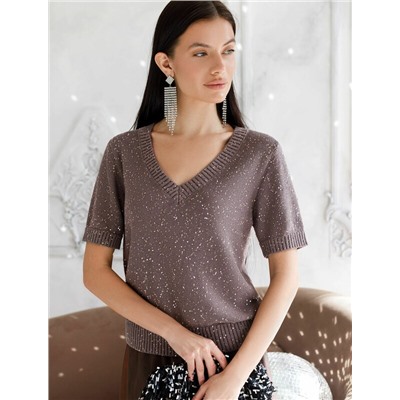 Джемпер с V вырезом и коротким рукавом из хлопковой пряжи с пайетками