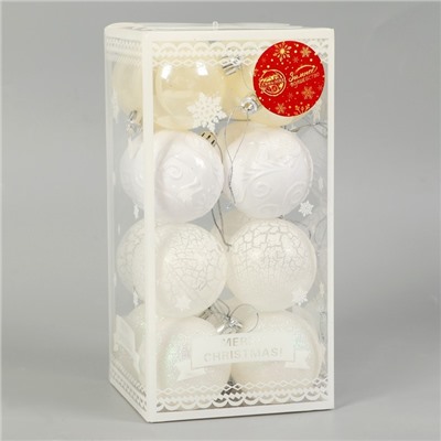 Ёлочные игрушки «Мелодия», шары новогодние, d=6 см, 16 шт., узор треск, белый