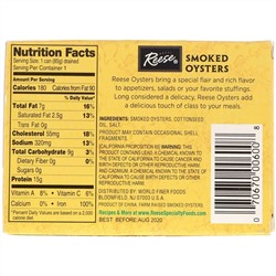 Reese, Medium Smoked Oysters, 3.70 oz (105 g)