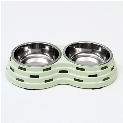 Миска металлическая двойная на пластиковом основании 2×160 мл, 25×14×5 см, зелёная