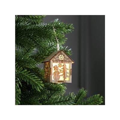 Ёлочная игрушка «Домик со снеговиком», 8×6.5×6 см, от батареек, свечение тёплое белое