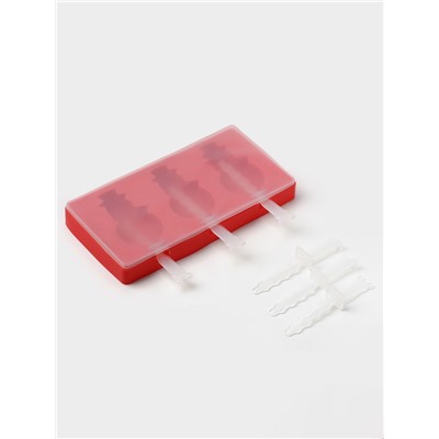 Форма для мороженого новогодняя Доляна «Снеговик», силикон, 18×9×2 см, 3 ячейки, с палочками, красная