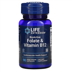 Life Extension, биоактивные фолат и витамин B12, 90 вегетарианских капсул