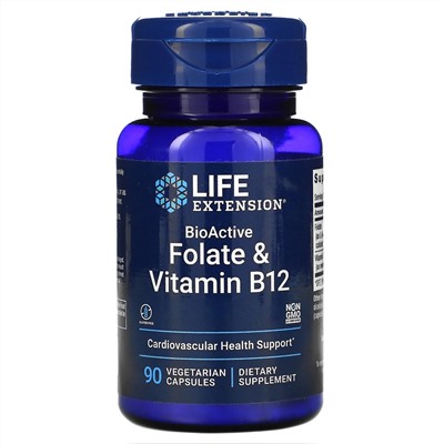Life Extension, биоактивные фолат и витамин B12, 90 вегетарианских капсул