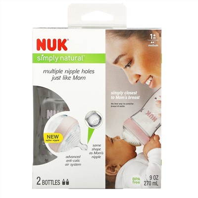 NUK, Simply Natural, Bottles, Pink, 1+ Month, Medium, 2 Bottles, 9 oz (270 ml)