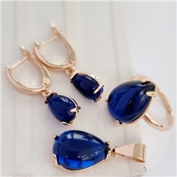 Комплект ювелирная бижутерия коллекция  "Дубай" серьги, кулон и кольцо 17 р, покрытие: позолота, вставка: пластик, цвет: синий, арт.215.422-17