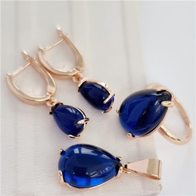 Комплект ювелирная бижутерия коллекция  "Дубай" серьги, кулон и кольцо 19 р, покрытие: позолота, вставка: пластик, цвет: синий, арт.215.422-19