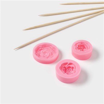 Молды для заливки «Роза», силикон, набор 3 шт., d=5/4.5/4 см, шампуры 45 шт., розовые