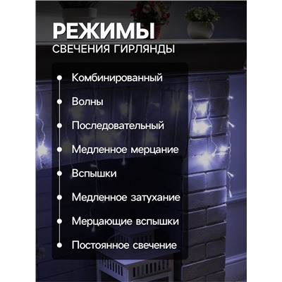 Гирлянда «Бахрома» 3×0.5 м, IP20, прозрачная нить, 80 LED, свечение белое, 8 режимов, 220 В