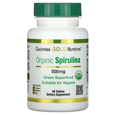 California Gold Nutrition, органическая спирулина, сертификат USDA Organic, 500 мг, 60 таблеток