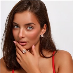 Комплект ювелирная бижутерия коллекция  "Дубай" серьги и кольцо 19 р, покрытие: позолота, вставка: фианиты и искусственный жемчуг, цвет: прозрачный, арт.217.329-19