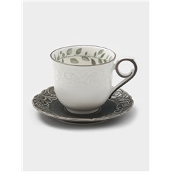 Чайная пара WY Floral Laceware, 2 предмета: чашка 300 мл, блюдце d=15 см, фарфор, белая, серая