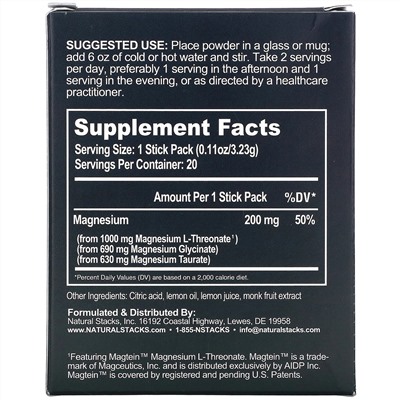 Natural Stacks, MagTech, Magnesium Drink Mix, Lemonade, 20 Stick Packs, 0.11 oz (3.23 g) Each