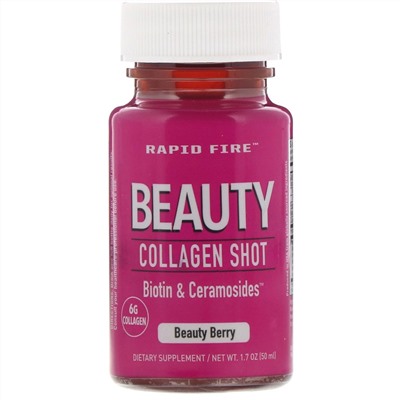 RAPIDFIRE, Beauty Collagen Shot, Biotin & Ceramosides, коллагеновый напиток для сохранения красоты, ягода, 6 г, 50 мл (1,7 унции)
