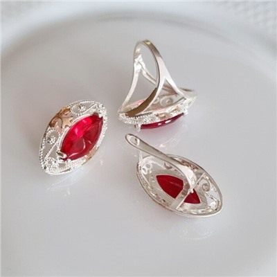 Комплект ювелирной бижутерии коллекция "Дубай",серьги и кольцо покрытие серебрение, вставка: камень красный, р-р 20, 09809, арт.216.375-20