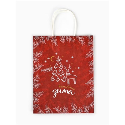 Пакет бумажный подарочный новогодний крафт «Волшебная зима» 27×21×11 см