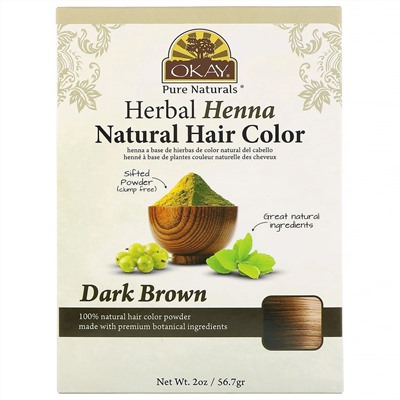 Okay Pure Naturals, Натуральная краска для волос из травяной хны, темно-коричневый, 56,7 г (2 унции)