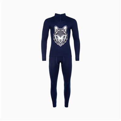 Термобельё мужское НАЧЁС (фуфайка, кальсоны) принт волк, цвет тёмно-синий, размер 50