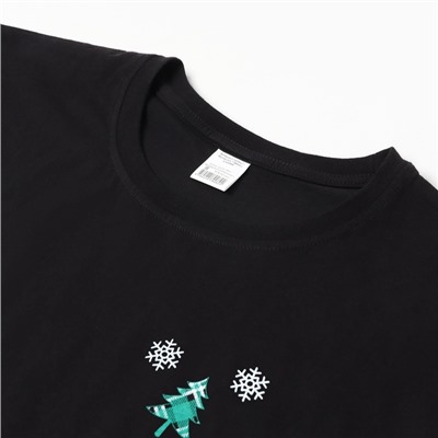 Пижама новогодняя женская (футболка, брюки) «Снежинки+Ёлка», чёрная, зелёная, размер 48