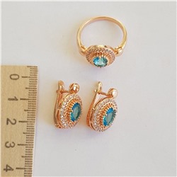 Комплект коллекция "Дубай", покрытие позолота с камнем, цвет голубой серьги, кольцо р-р 18, Е2245, арт.747.951