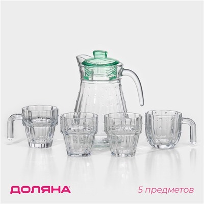 Набор для напитков Доляна «Аква», 5 предметов: кувшин 1.2 л, 2 кружки 285 мл, 2 стакана 285 мл, стекло, прозрачный