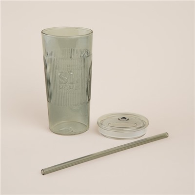 Стакан SL Home «Идиллия», 650 мл, 8.5×24 см, стекло, с трубочкой, зелёный