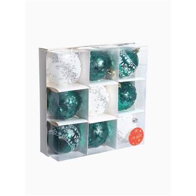 Ёлочные игрушки «Джейн - узоры звёзды», d=8 см, набор 9 шт., зелёно-белый