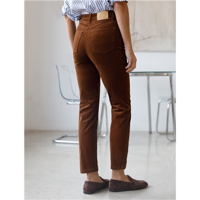 Укороченные эластичные брюки слим из микро вельвета