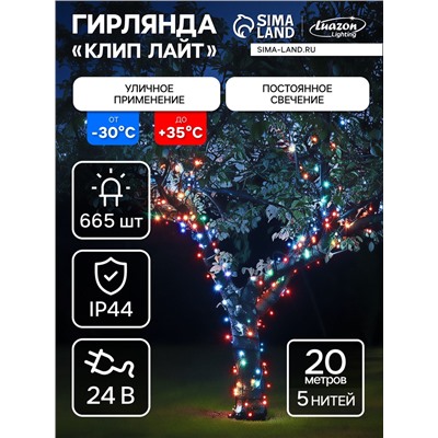 Гирлянда «Клип-лайт» 5 нитей по 20 м, IP44, УМС, тёмная нить, 665 LED, свечение мульти, 24 В