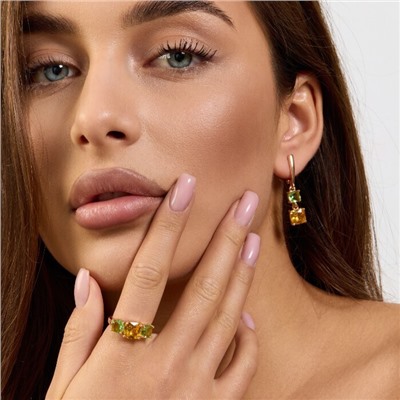 Комплект ювелирной бижутерии коллекция "Дубай" серьги и кольцо 17 р, покрытие позолота, вставка: стекло, цвет: зеленый и желтый, арт.414.204-17