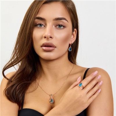 Комплект ювелирной бижутерии коллекция "Дубай" серьги, кулон и кольцо 18 р покрытие позолота, вставка: стекло и цирконы, цвет: голубой и прозрачный, арт.215.551-18