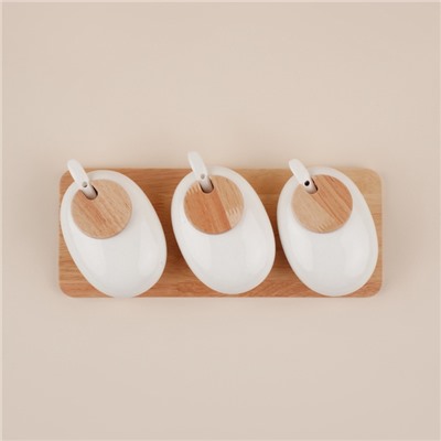 Банки для сыпучих SL Home «Тренто», 150 мл, набор 3 шт., с ложками, на деревянной подставке, фарфор, белые