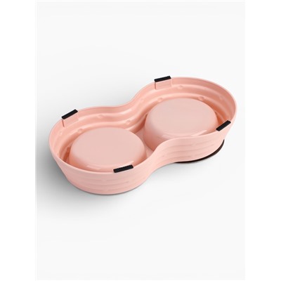 Миска двойная, 25×14×5 см, на пластиковом основании, металл, розовая