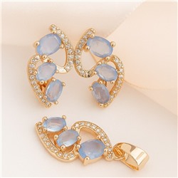 Комплект ювелирной бижутерии коллекция "Дубай" серьги и кулон, покрытие позолота, вставка: фианиты и цирконы, цвет: нежно-голубой и прозрачный, арт.414.025