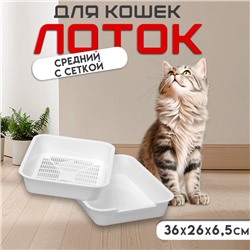 Туалет для кошек, 36×26×6.5 см, средний, с сеткой, пластик, белый