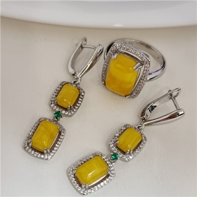 Комплект ювелирной бижутерии серьги и кольцо 17 р, покрытие посеребрение, вставка: фианиты и искусственный камень, цвет: желтый и прозрачный, Уценка, арт.08.4026-17 (313.160-17)