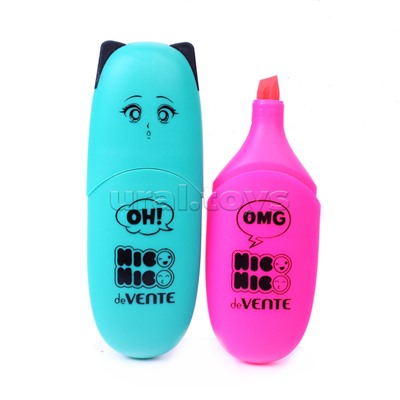 Набор маркеров-выделителей "NicoNico" (04 цв - цвета: бирюза, роз, голуб., фиол) плоский мини-корпус с запечаткой, скошенный наконечник, ширина линии 1-5 мм, в пластиковом блистере