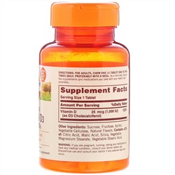 Sundown Naturals, Жевательный витамин D3 со вкусом клубники и банана, 25 мг (1000 МЕ), 120 жевательных таблеток