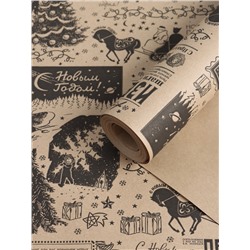 Бумага упаковочная новогодняя крафт, «Новогодняя газета», с пожеланиями, на буром 75 г/м² 0.7×10 м