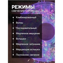 Гирлянда «Мишура» 50 м роса, IP44, серебристая нить, 1500 LED, 8 режимов, свечение мульти, 36 В