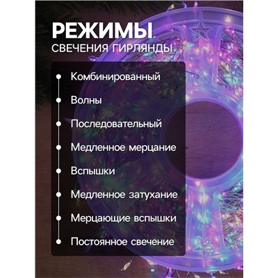Гирлянда «Мишура» 50 м роса, IP44, серебристая нить, 1500 LED, 8 режимов, свечение мульти, 36 В