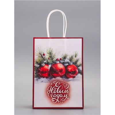 Пакет бумажный подарочный новогодний крафт «Новогодние шары» 15×21×8 см