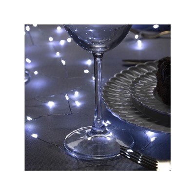 Гирлянда «Мишура» 2 м роса, IP20, серебристая нить, 50 LED, батарейки CR2032×2 (в комплекте), свечение белое