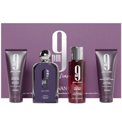 Подарочный набор Afnan 9 PM Pour Femme Purple 4 в 1 (ОАЭ)