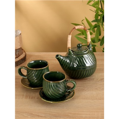 Набор чайный «Флора 2», чайник, 2 кружки, 27×26×16 см, керамика, зелёный