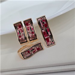 Комплект ювелирной бижутерии коллекция "Дубай" серьги, кулон и кольцо 17 р, покрытие позолота, вставка: эмаль, цвет: красный, розовый и черный, арт.313.287-17