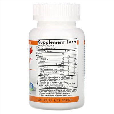 Nordic Naturals, ДГК Junior, клубника, для детей старше 3 лет, 250 мг, 180 мягких желатиновых капсул