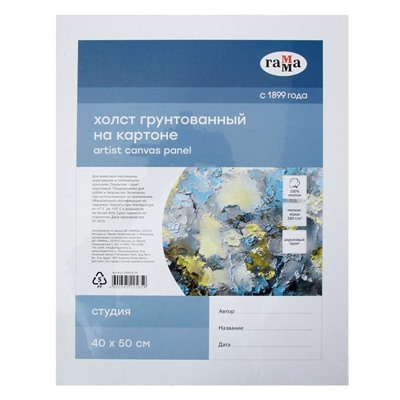 Холст на картоне «Студия», хлопок 100%, 40×50 см, акриловый грунт, мелкозернистый